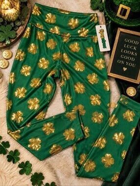 Tipsy Elves St Patrick’s Day Gold Sequin Shamrock Leggings Green L NWT
